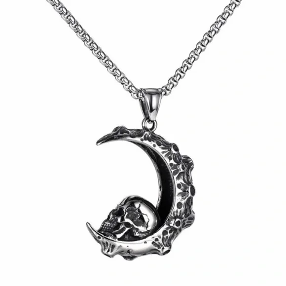 “Skull on the Moon” Regolith Lunar Crater Crescent Celestial Goth Steel Necklace - Picture 5 of 16